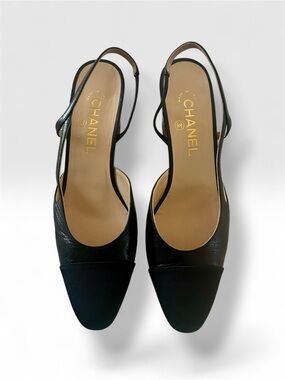 CHANEL Black Leather and Black Grosgrain Cap Toe Slingbacks (Women 39.5)